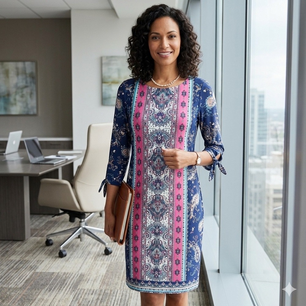 Chicos Navy Pink Paisley Border Print Shift Dress Tie Sleeve Size 1 US 8 Career‎